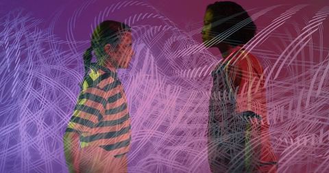 Creative women engaging in vibrant communication with modern design