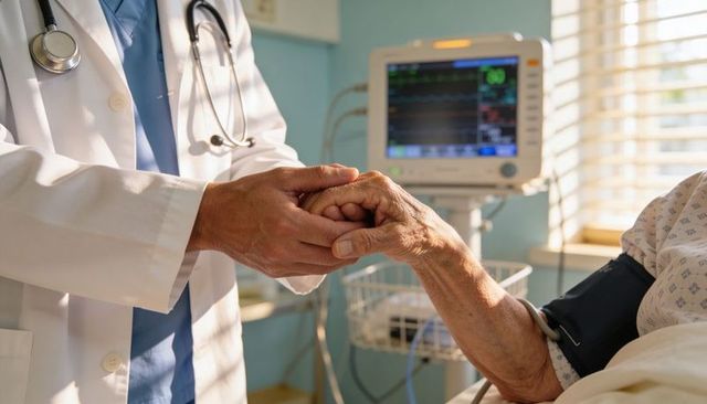 Doctor holding elderly patient's hand at bedside with vital signs monitor, showing care