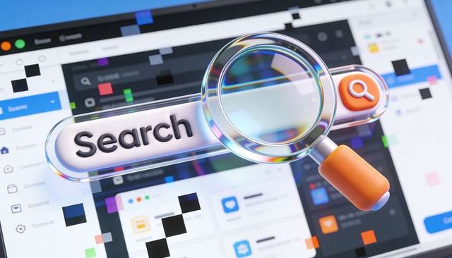 3D Magnifying Glass Hovering Over Translucent Search Bar with Glitch Effects, Orange Icon