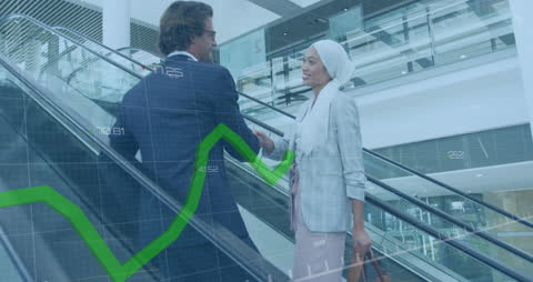 Diverse Business Professionals Discussing Finance on Escalator with Data Overlay