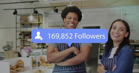 Smiling bakery owners displaying pastries behind glass counter with 169,852 followers