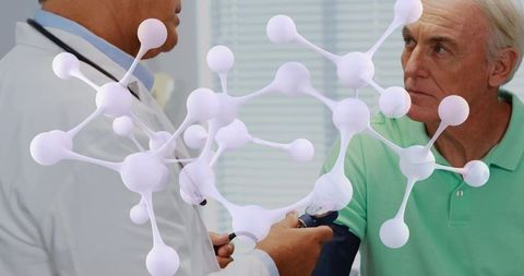 Senior Patient Discussing Health with Doctor and Molecular Structure Graphics