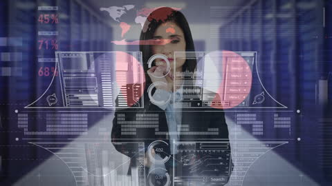 Businesswoman Analyzing Digital Data in Server Room Environment