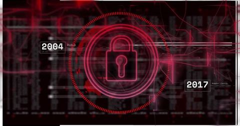 Pulsating padlock on digital dashboard with timestamps and glitching interface