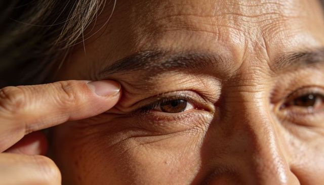 Mature woman gently pulling eyelid to show wrinkles, pores and natural skin texture