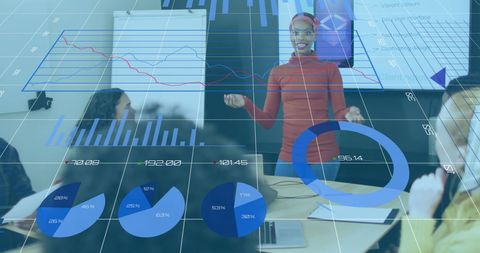 businesswoman presenting strategy to team in dynamic chart overlay - Download Free Stock Images Pikwizard.com