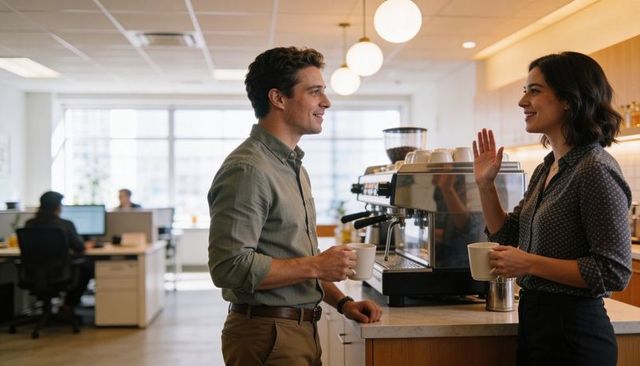 Colleagues chatting at office coffee bar holding mugs near espresso machine