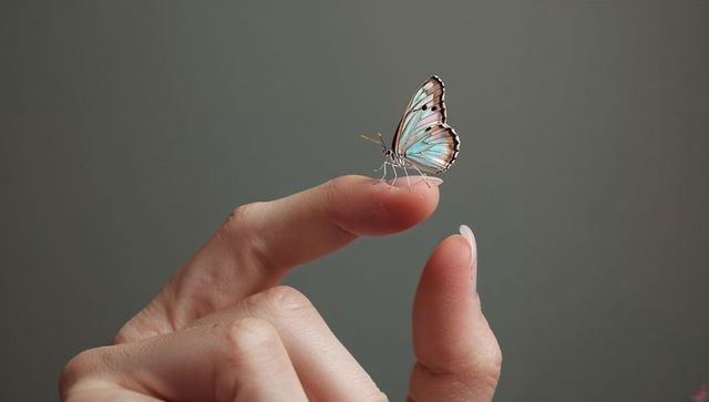 Delicate turquoise butterfly perched on fingertip showcasing gentle touch and fragility