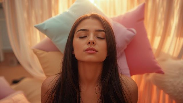 Meditating Woman Enjoys Serenity in Cozy Bedroom with Pastel Pillows