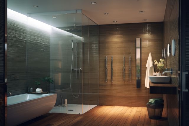 Modern bathroom with glass shower and wooden accents depicting luxurious and stylish interior design. Featuring a sleek bathtub, sink, towels, and subtle plant decor. Ideal for home design inspirations, real estate listings, and interior decor websites.