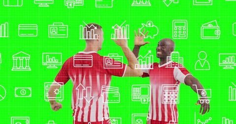 Goal Celebration with Financial Icons on Green Background