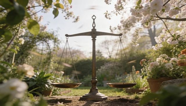Antique brass balance scale standing among blooming garden flowers with soft morning light