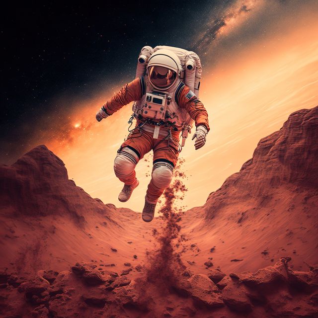 Astronaut in orange space suit exploring the Martian landscape with red terrain and stars in the background. Ideal for themes of space exploration, science fiction, adventure, and the future of space travel. Suitable for educational materials, sci-fi book covers, posters, and websites dedicated to astronomy and space missions.