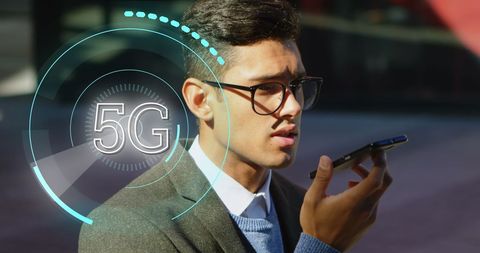 Businessman Using Smartphone with 5G Technology Overlay
