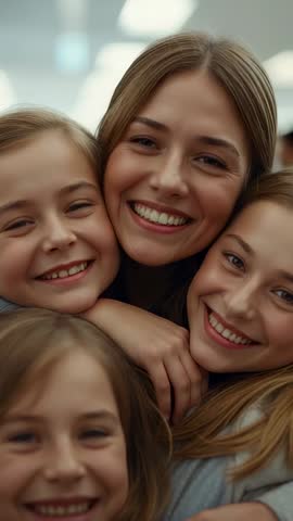 Vertical panning video of mother hugging smiling daughters, warm family bonding and joy