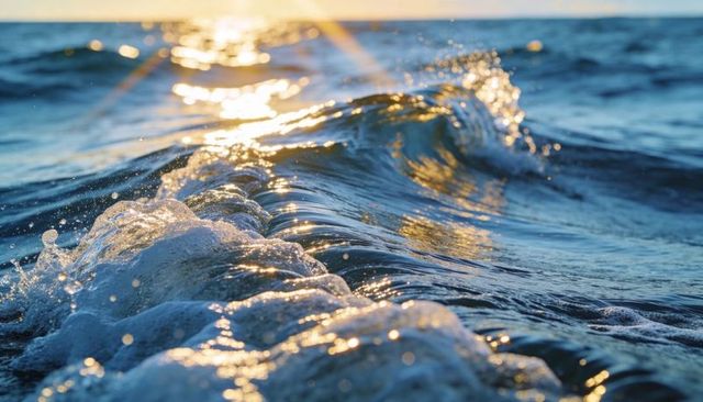 Golden-hour ocean wave breaking with foamy surf, sun reflections and sparkling droplets