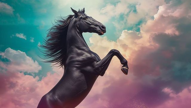 Majestic black horse rearing amidst vibrant colorful clouds