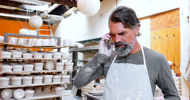 Mature potter talking on smartphone in ceramics studio - Download Free Stock Images Pikwizard.com