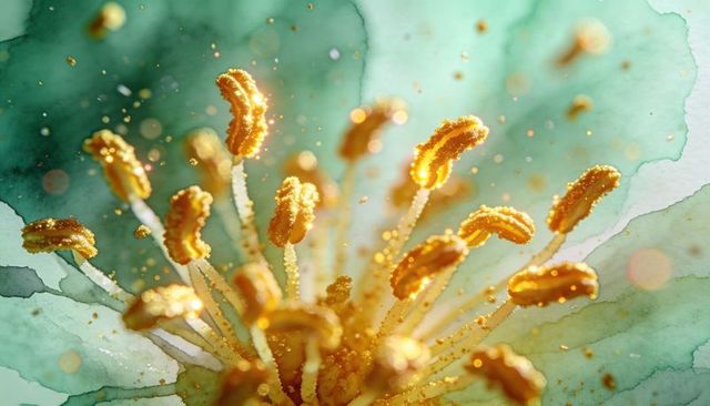 Macro floral stamens glowing with golden pollen and watercolor petals, luminous botanical closeup