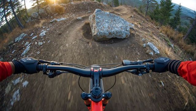 First-person mountain biking descending rocky ridge singletrack at sunset with boulder