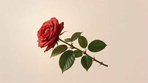 Elegant Red Rose with Leaves and Thorns on Soft Background