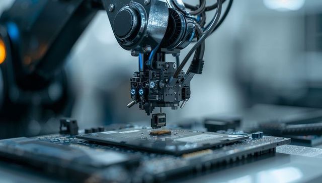 Robotic Pick-and-Place Head Positioning Microchip on PCB for Precision Electronics Assembly