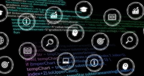 digital icons overlaying coding data in abstract technology interface - Download Free Stock Images Pikwizard.com