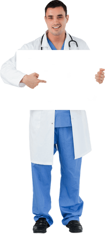 Doctor wearing scrubs with clipboard on transparent background