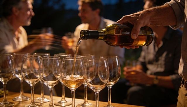 Pouring white wine into glasses on wooden table during night garden gathering with friends