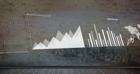Translucent data visualization projected on brick wall with city skyline and analytics