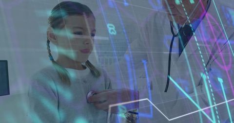 Pediatric checkup with doctor using stethoscope and digital health data overlays