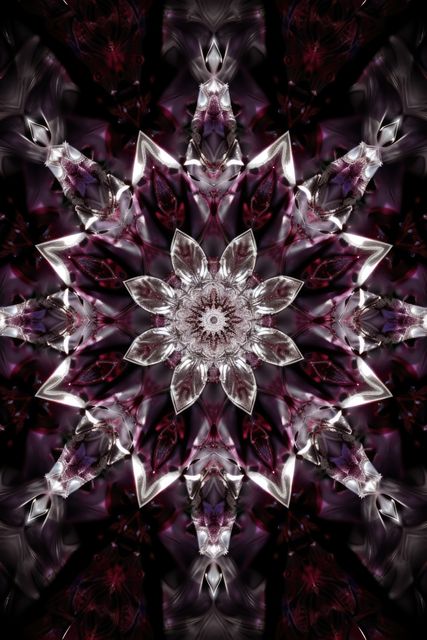 This intricate mandala features a symmetrical, geometric pattern with shades of purple, black, and silver accents. Its detailed design evokes a sense of harmony and tranquility, making it ideal for use in meditation apps, as a decorative piece in home décor, wallpaper designs, and various art projects.