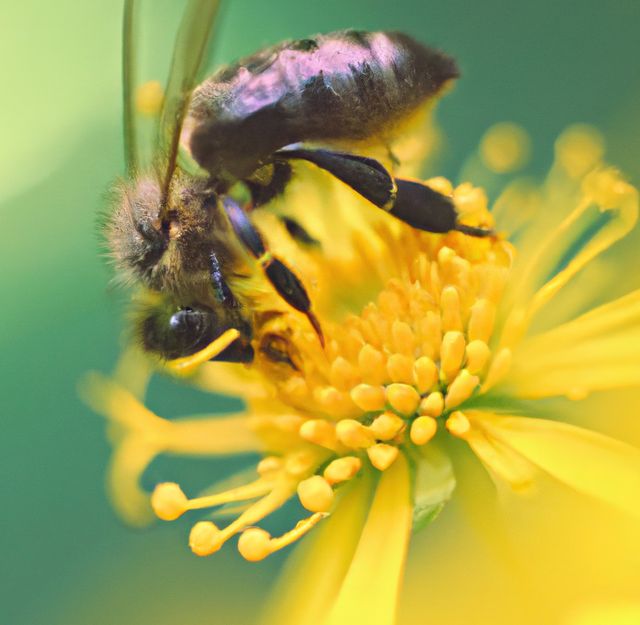 Image of macro of honeybee with detail perched on yellow flower on green background. Nature, bees, insects and beauty in nature concept.