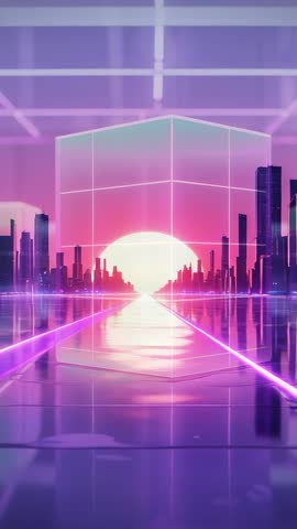 Opening Neon Cube Revealing Sun on Reflective Grid Floor | Vertical Cyberpunk Loop