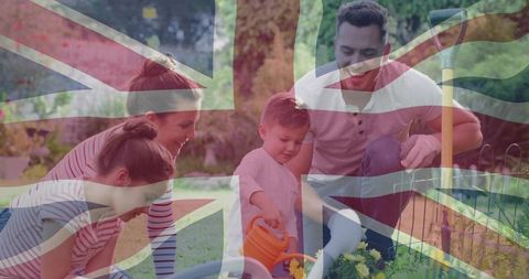 Family gardening together in outdoor activity with uk flag overlay