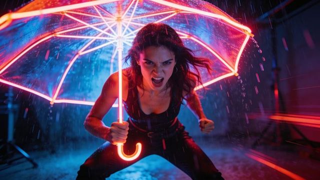 Fierce woman snarling under glowing led umbrella in neon rain, dynamic power portrait, editorial