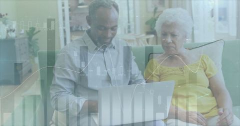 Senior Couple Analyzing Data on Laptop with Global Connections Overlay