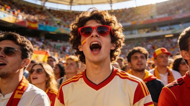 Passionate spanish football fan cheering in stadium wearing red sunglasses and face paint