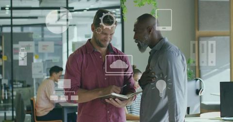Colleagues Discussing Ideas in Modern Office with Digital Overlay