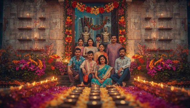 Multigenerational indian family celebrating festival with diyas and flowers