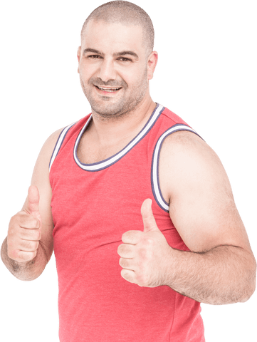 Smiling Athlete Giving Thumbs Up in Red Shirt on Transparent Background