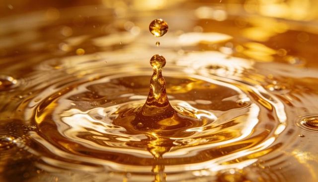Golden syrup drop capturing crown splash and ripples macro closeup with warm bokeh