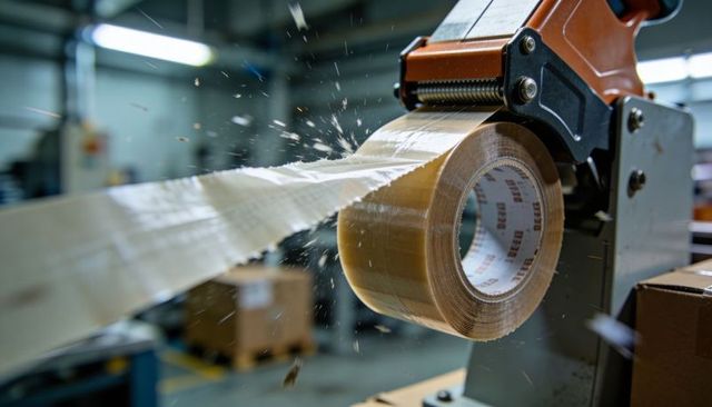 High-speed tape dispenser cutting brown packing tape while sealing boxes in warehouse