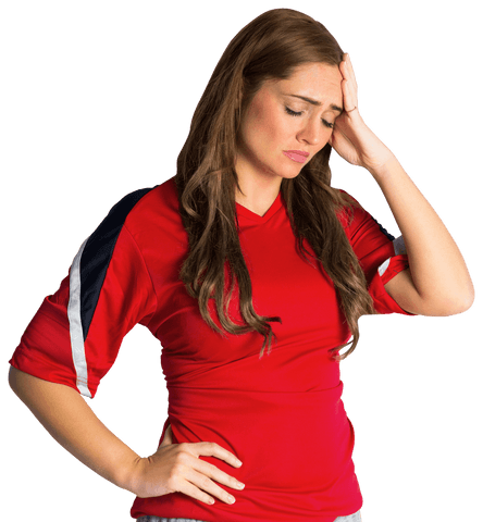 Disappointed Woman Football Fan in Red Jersey Having a Headache on Transparent Background
