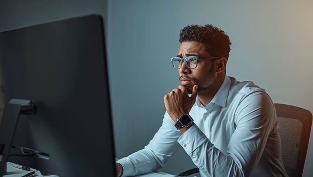 Contemplating professional analyzing data on computer, wearing glasses and smartwatch