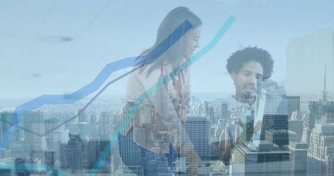 Business collaboration with digital analytics over cityscape