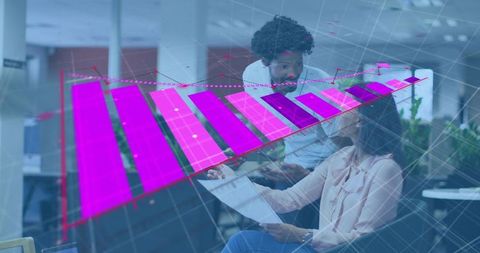 Business team collaborating with holographic magenta bar chart in modern office workspace