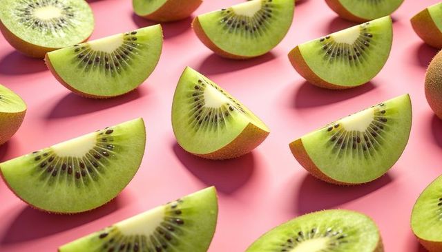 Kiwi wedges pattern on pink backdrop featuring juicy green fruit and closeup lighting