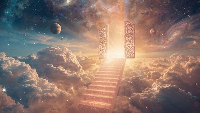 Mystical stairway to celestial gate in spacecloud realm