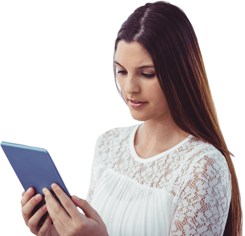 confident woman with long hair using tablet transparent background - Download Free Stock Videos Pikwizard.com